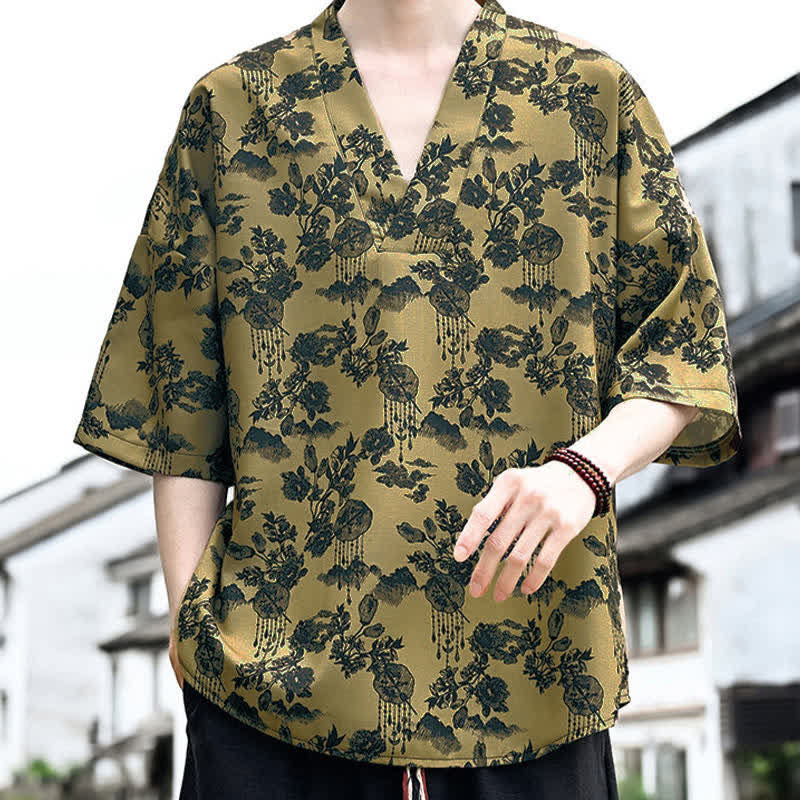 Buddha Stones T-shirts à manches courtes pour hommes, style Tang, imprimé floral, col en V, été décontracté - image 12