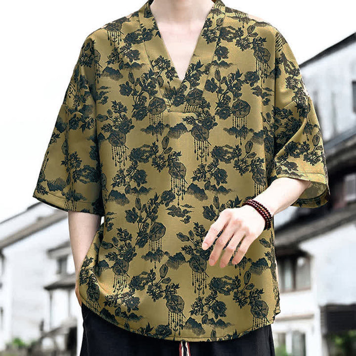 Buddha Stones T-shirts à manches courtes pour hommes, style Tang, imprimé floral, col en V, été décontracté - image 12