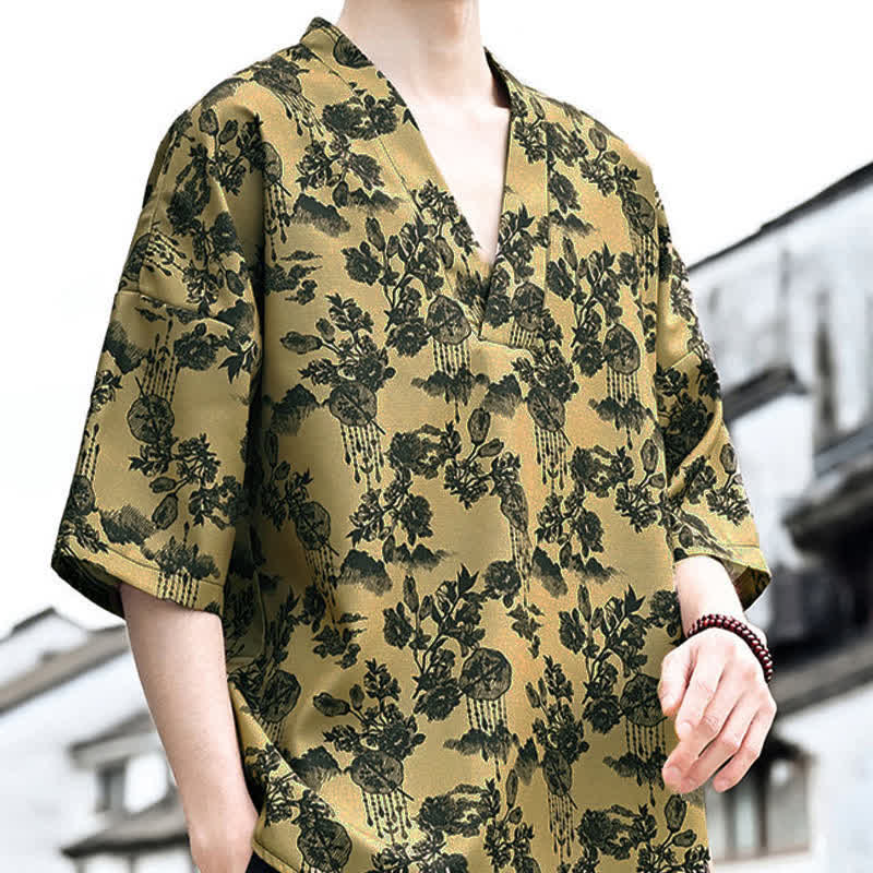 Buddha Stones T-shirts à manches courtes pour hommes, style Tang, imprimé floral, col en V, été décontracté - image 17