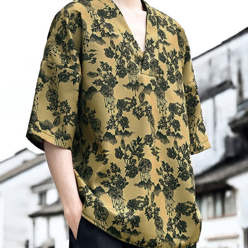 Buddha Stones T-shirts à manches courtes pour hommes, style Tang, imprimé floral, col en V, été décontracté - image 16