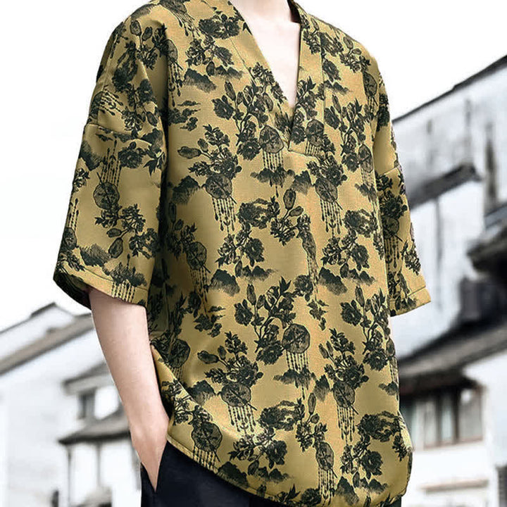 Buddha Stones T-shirts à manches courtes pour hommes, style Tang, imprimé floral, col en V, été décontracté - image 16
