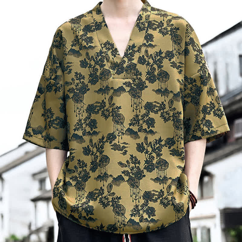 Buddha Stones T-shirts à manches courtes pour hommes, style Tang, imprimé floral, col en V, été décontracté - image 15