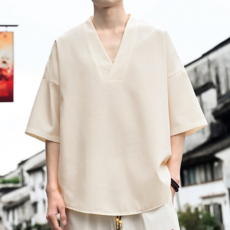 Buddha Stones T-shirts d'été minimalistes et décontractés à fente latérale, unis, à manches courtes pour hommes - image 1