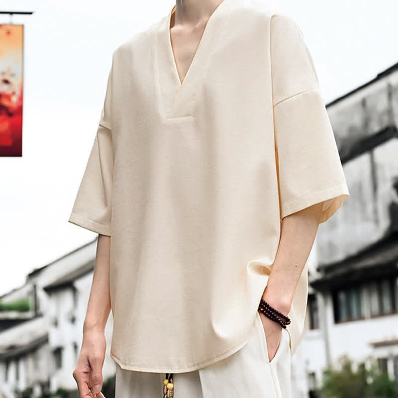 Buddha Stones T-shirts d'été minimalistes et décontractés à fente latérale, unis, à manches courtes pour hommes - Beige - US/UK/AU46, EU56 (5XL) - image 0