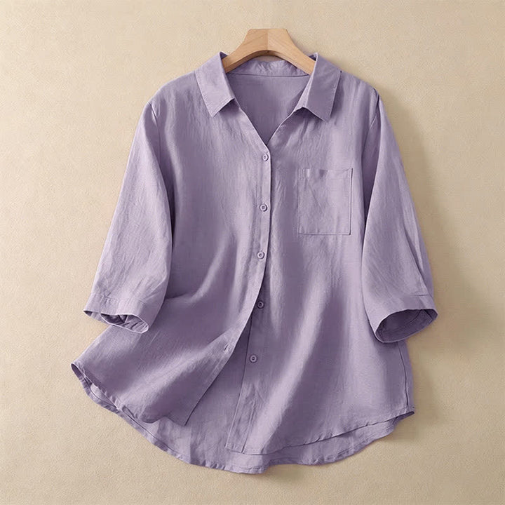 Buddha Stones Chemises d'été minimalistes et décontractées à manches courtes pour femmes, boutonnées, unies, avec poche - Prune - US8-10, UK/AU12-14, EU40-42 (2XL) - image 0