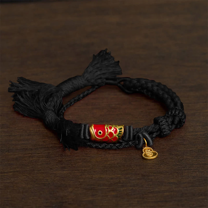 Buddha Stones Bracelet rétro à double rang avec pendentif en forme de calebasse et de carpe koï en alliage - noir - image 5