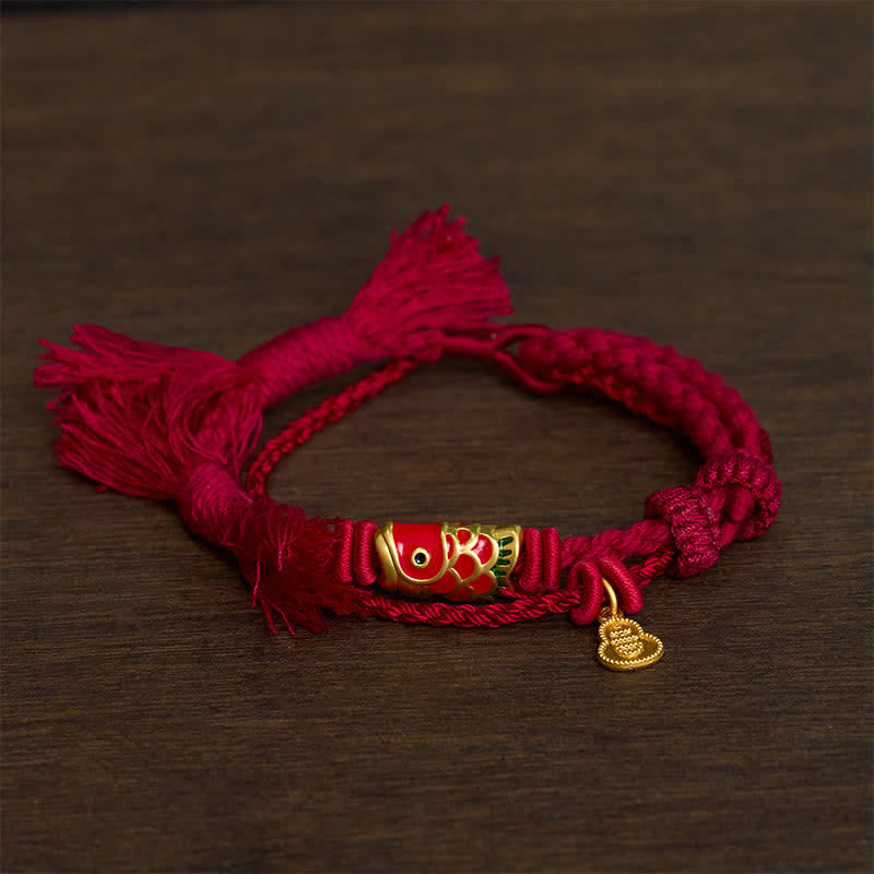 Buddha Stones Bracelet rétro à double rang avec pendentif en forme de calebasse et de carpe koï en alliage - rouge vin - image 0