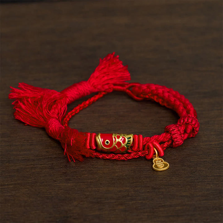 Buddha Stones Bracelet rétro à double rang avec pendentif en forme de calebasse et de carpe koï en alliage - rouge - image 4