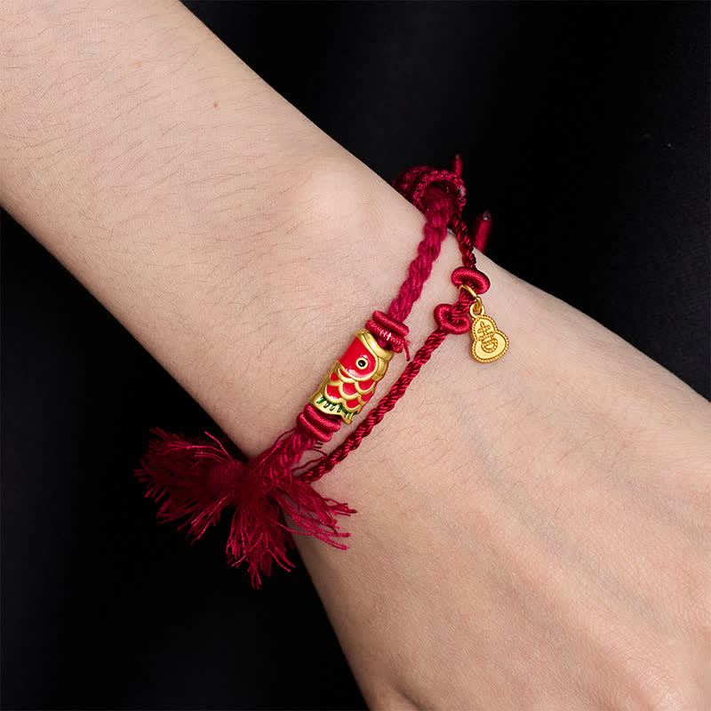 Buddha Stones Bracelet rétro à double rang avec pendentif en forme de calebasse et de carpe koï en alliage - image 2