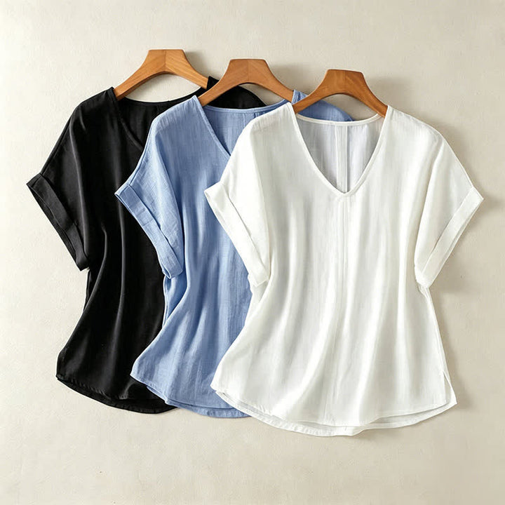 Buddha Stones T-shirts d'été minimalistes à manches courtes et col en V pour femmes - image 19