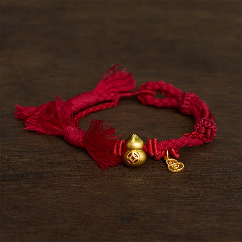 Buddha Stones Bracelet double rang de cordon rouge avec pendentif en forme de calebasse chinoise en alliage, symbole de richesse. - rouge vin - image 0