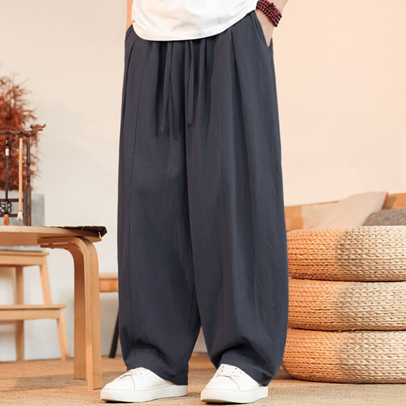 Buddha Stones Pantalon d'été minimaliste décontracté en coton uni avec cordon de serrage et jambes courtes, coupe droite, poches - image 1
