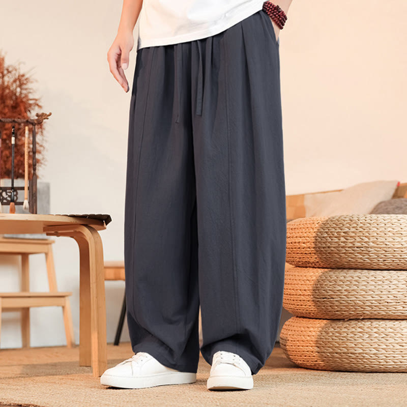 Buddha Stones Pantalon d'été minimaliste décontracté en coton uni avec cordon de serrage et jambes courtes, coupe droite, poches - Gris - US/UK/AU46, EU56 (5XL) - image 0