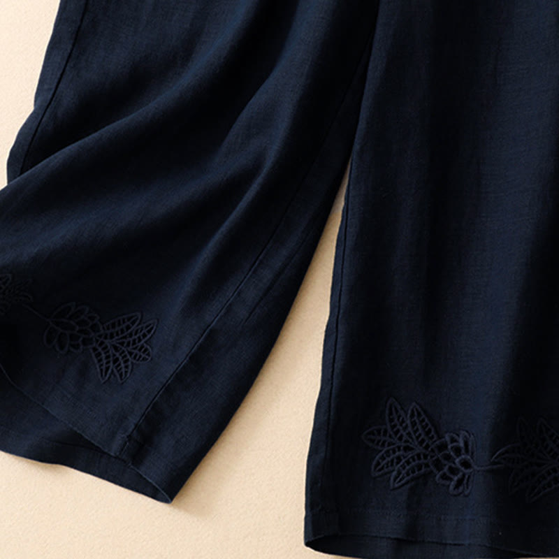 Buddha Stones Pantalon sarouel d'été décontracté pour femme, ourlet brodé ajouré, couleur unie, cheville, avec poches - image 6