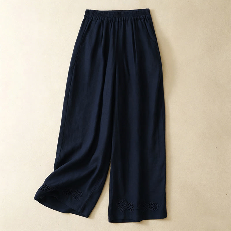 Buddha Stones Pantalon sarouel d'été décontracté pour femme, ourlet brodé ajouré, couleur unie, cheville, avec poches - Marine - US8-10, UK/AU12-14, EU40-42 (2XL) - image 3