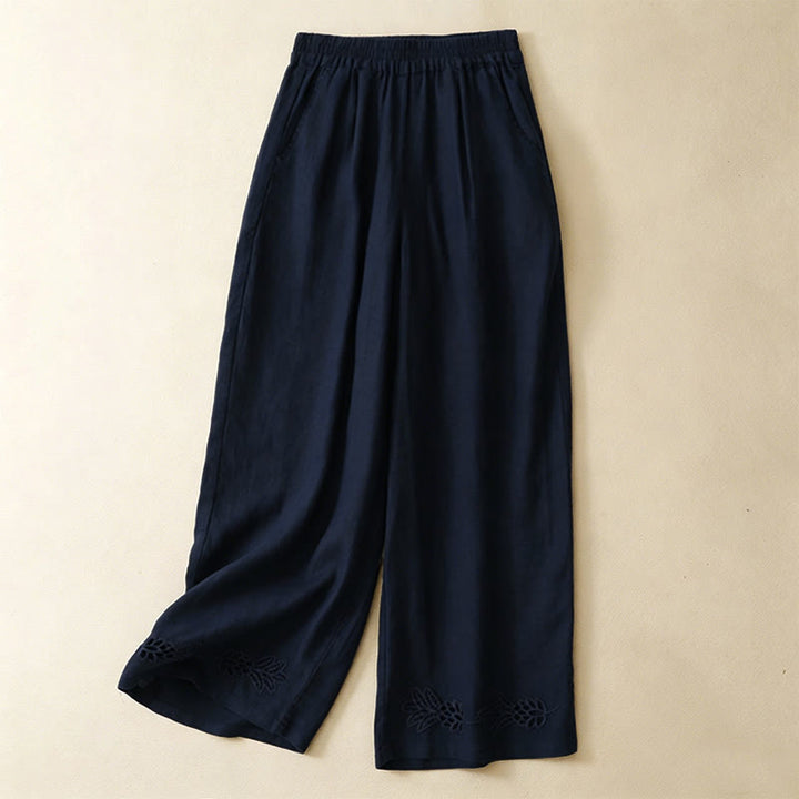 Buddha Stones Pantalon sarouel d'été décontracté pour femme, ourlet brodé ajouré, couleur unie, cheville, avec poches - Marine - US8-10, UK/AU12-14, EU40-42 (2XL) - image 3