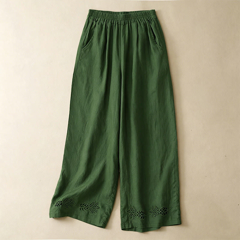 Buddha Stones Pantalon sarouel d'été décontracté pour femme, ourlet brodé ajouré, couleur unie, cheville, avec poches - Vert olive - US8-10, UK/AU12-14, EU40-42 (2XL) - image 0