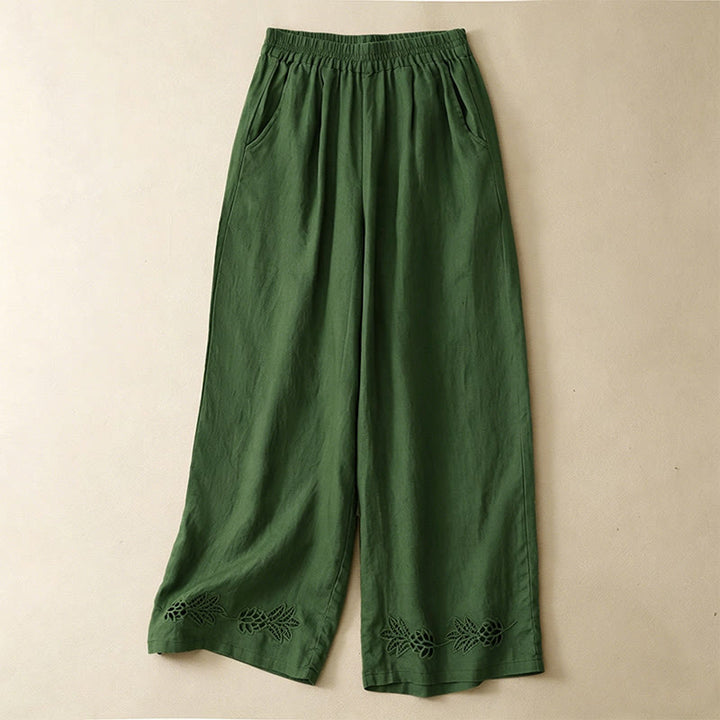 Buddha Stones Pantalon sarouel d'été décontracté pour femme, ourlet brodé ajouré, couleur unie, cheville, avec poches - Vert olive - US8-10, UK/AU12-14, EU40-42 (2XL) - image 0
