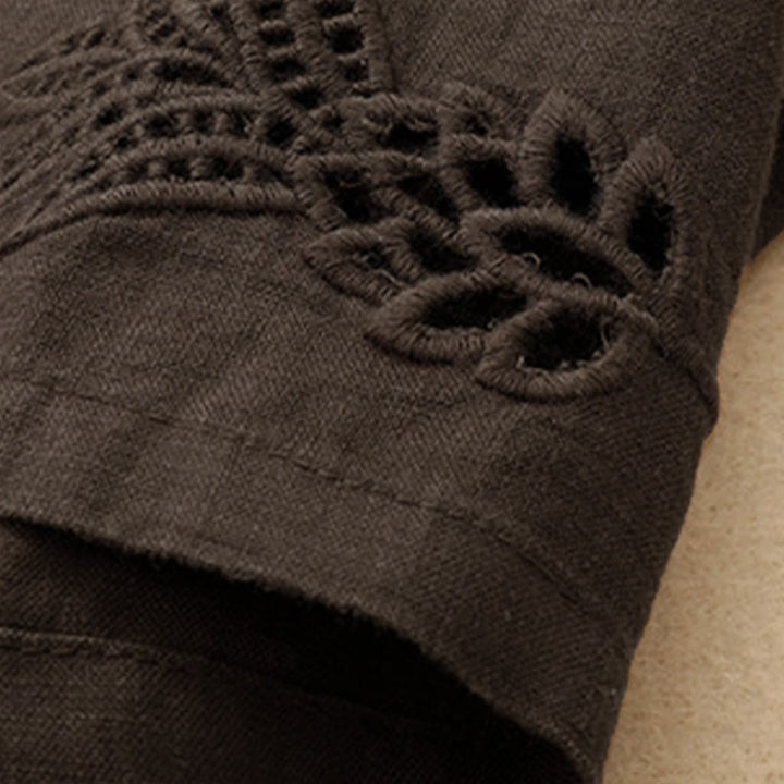 Buddha Stones Pantalon sarouel d'été décontracté pour femme, ourlet brodé ajouré, couleur unie, cheville, avec poches - image 10