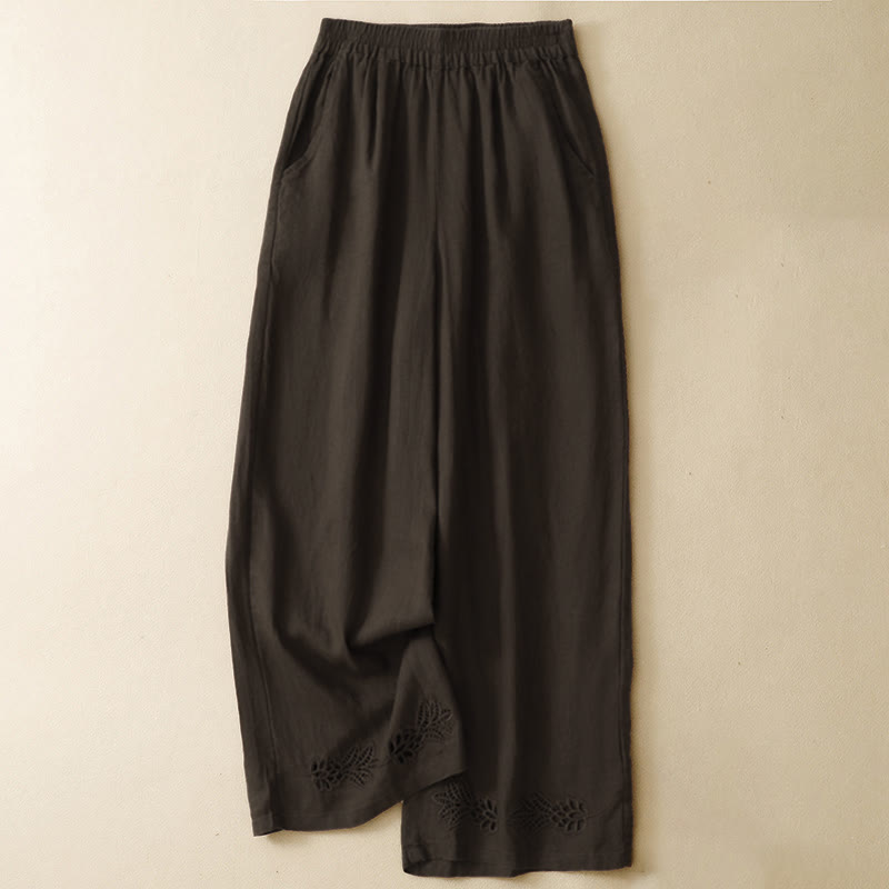 Buddha Stones Pantalon sarouel d'été décontracté pour femme, ourlet brodé ajouré, couleur unie, cheville, avec poches - SaddleBrown - US8-10, UK/AU12-14, EU40-42 (2XL) - image 8