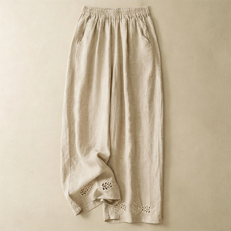 Buddha Stones Pantalon sarouel d'été décontracté pour femme, ourlet brodé ajouré, couleur unie, cheville, avec poches - Beige - US8-10, UK/AU12-14, EU40-42 (2XL) - image 11