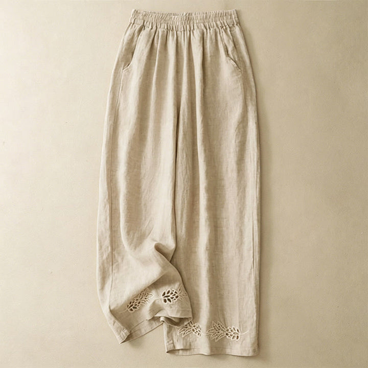 Buddha Stones Pantalon sarouel d'été décontracté pour femme, ourlet brodé ajouré, couleur unie, cheville, avec poches - Beige - US8-10, UK/AU12-14, EU40-42 (2XL) - image 11