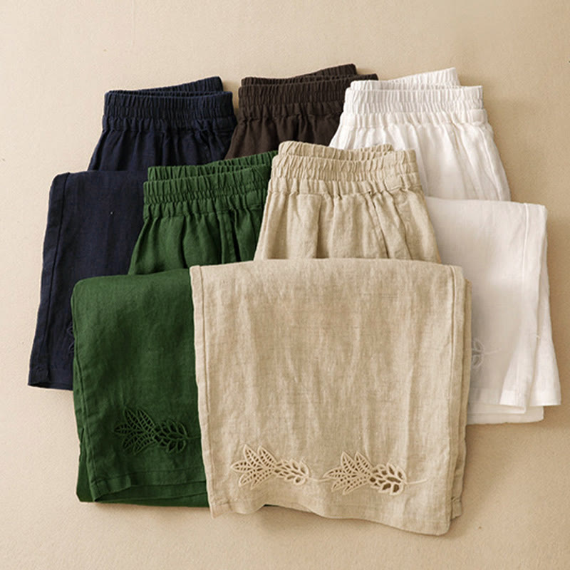 Buddha Stones Pantalon sarouel d'été décontracté pour femme, ourlet brodé ajouré, couleur unie, cheville, avec poches - image 22