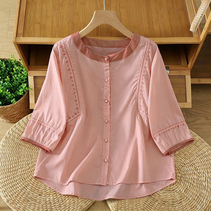 Buddha Stones Chemises d'été décontractées vintage à manches courtes pour femmes, boutonnées, unies, avec coutures décoratives - Rose clair - US8-10, UK/AU12-14, EU40-42 (2XL) - image 0