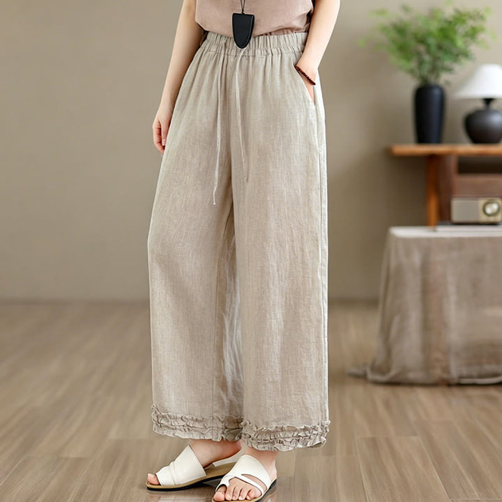 Buddha Stones Pantalon sarouel d'été décontracté à cordon de serrage, uni, court, avec poches - image 2