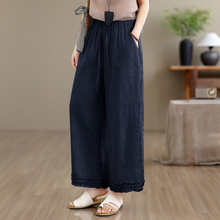 Buddha Stones Pantalon sarouel d'été décontracté à cordon de serrage, uni, court, avec poches - image 11