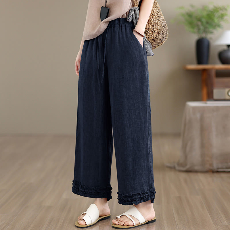 Buddha Stones Pantalon sarouel d'été décontracté à cordon de serrage, uni, court, avec poches - image 12