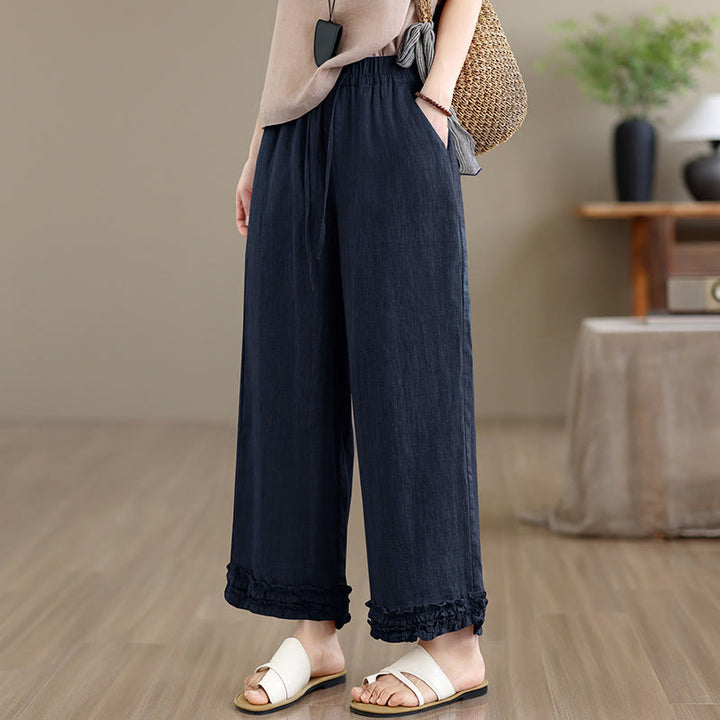 Buddha Stones Pantalon sarouel d'été décontracté à cordon de serrage, uni, court, avec poches - image 12