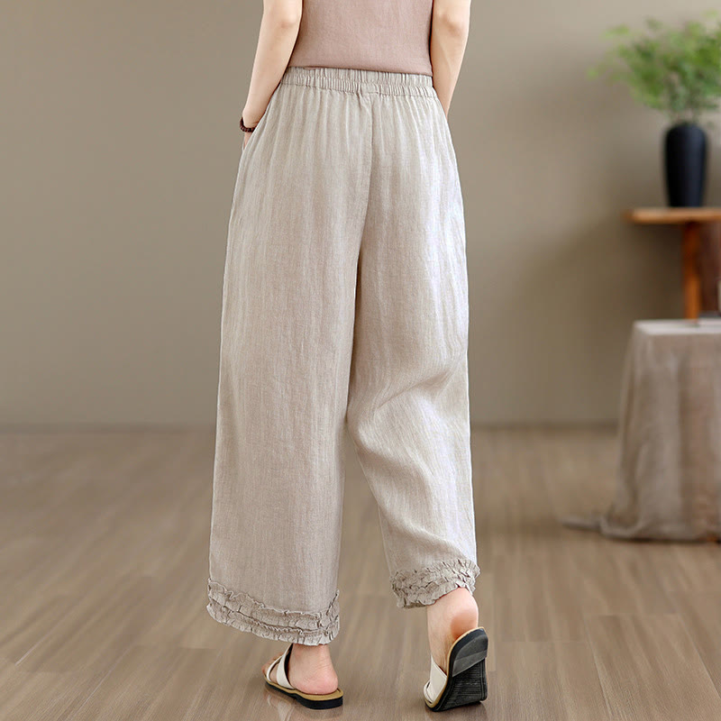 Buddha Stones Pantalon sarouel d'été décontracté à cordon de serrage, uni, court, avec poches - image 4