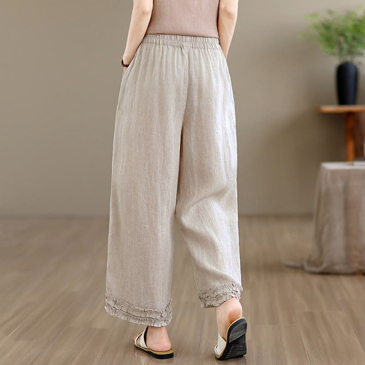 Buddha Stones Pantalon sarouel d'été décontracté à cordon de serrage, uni, court, avec poches - image 4
