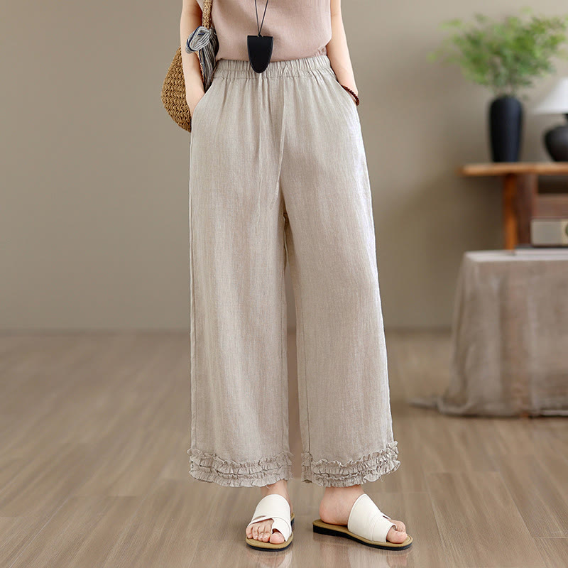 Buddha Stones Pantalon sarouel d'été décontracté à cordon de serrage, uni, court, avec poches - image 1
