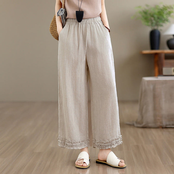 Buddha Stones Pantalon sarouel d'été décontracté à cordon de serrage, uni, court, avec poches - image 1