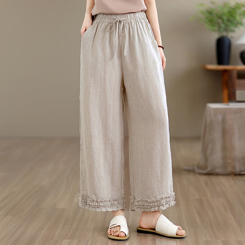 Buddha Stones Pantalon sarouel d'été décontracté à cordon de serrage, uni, court, avec poches - Beige - US8-10, UK/AU12-14, EU40-42 (2XL) - image 0