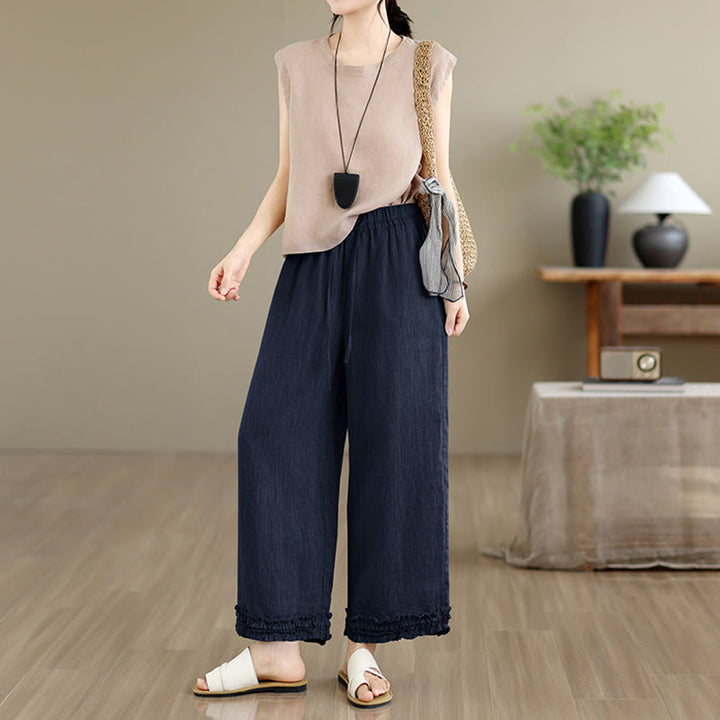 Buddha Stones Pantalon sarouel d'été décontracté à cordon de serrage, uni, court, avec poches - image 13