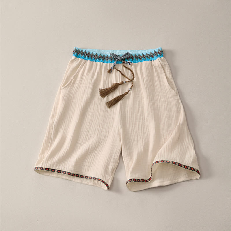 Short bermuda géométrique d'été style bohème décontracté avec cordon de serrage et poches pour homme , Buddha Stones - Beige - US/UK/AU44, EU54 (3XL) - image 0
