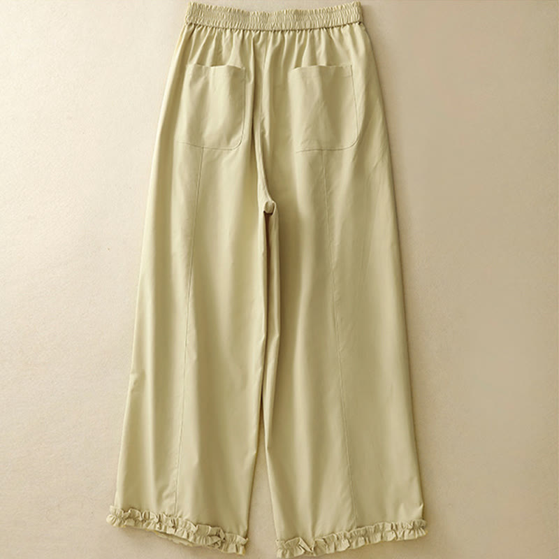 Buddha Stones Pantalon sarouel court d'été élégant et décontracté, à boutons, fermeture éclair et ourlet à volants, avec poches. - image 1
