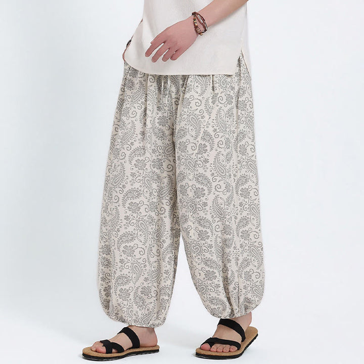 Buddha Stones Pantalon Capri bohème décontracté d'été à cordon de serrage et motif cachemire, style sarouel, avec poches - Blanc - US/UK/AU46, EU56 (5XL) - image 21