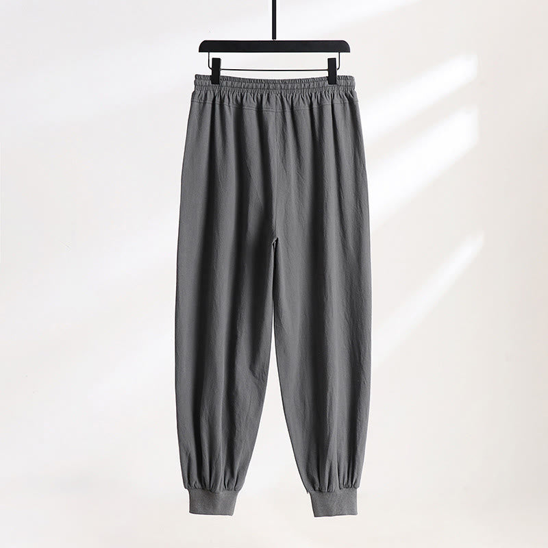 Buddha Stones Pantalon d'été décontracté pour homme, taille élastique avec cordon de serrage, coupe fuselée et poches. - image 1
