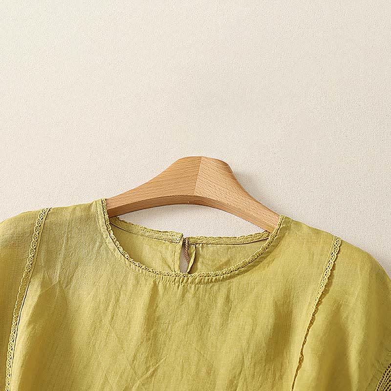Buddha Stones T-shirts à manches courtes pour femmes, en ramie unie, style décontracté d'été, avec cordon de serrage et ourlet élastique - image 10