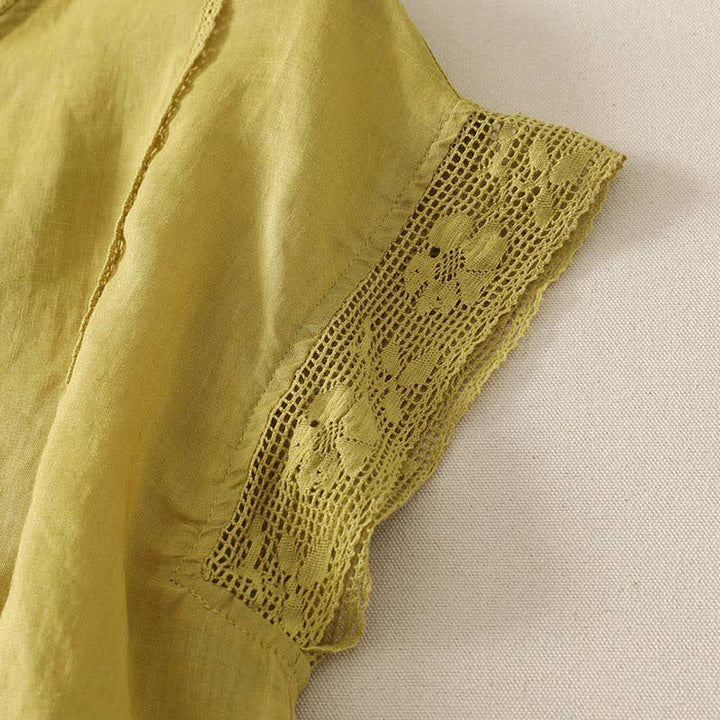 Buddha Stones T-shirts à manches courtes pour femmes, en ramie unie, style décontracté d'été, avec cordon de serrage et ourlet élastique - image 11