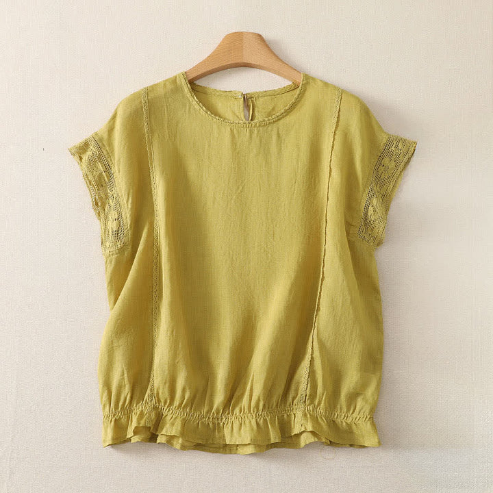 Buddha Stones T-shirts à manches courtes pour femmes, en ramie unie, style décontracté d'été, avec cordon de serrage et ourlet élastique - Jaune d'or pâle - US12, UK/AU16, EU44 (3XL) - image 9