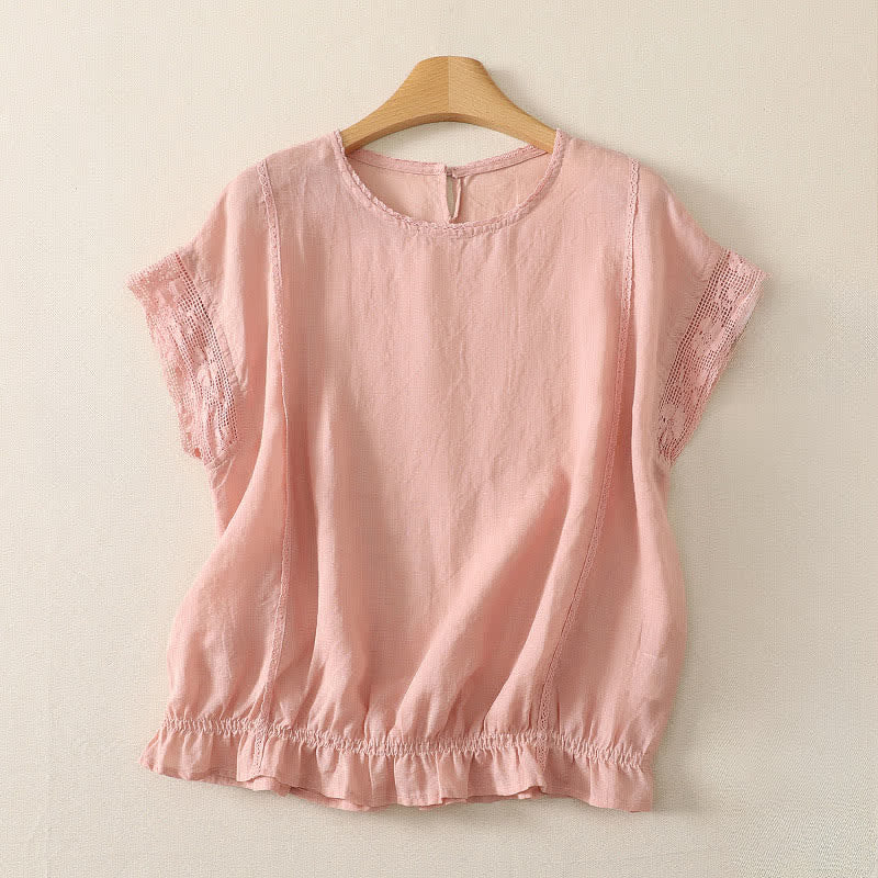 Buddha Stones T-shirts à manches courtes pour femmes, en ramie unie, style décontracté d'été, avec cordon de serrage et ourlet élastique - Rose clair - US12, UK/AU16, EU44 (3XL) - image 0
