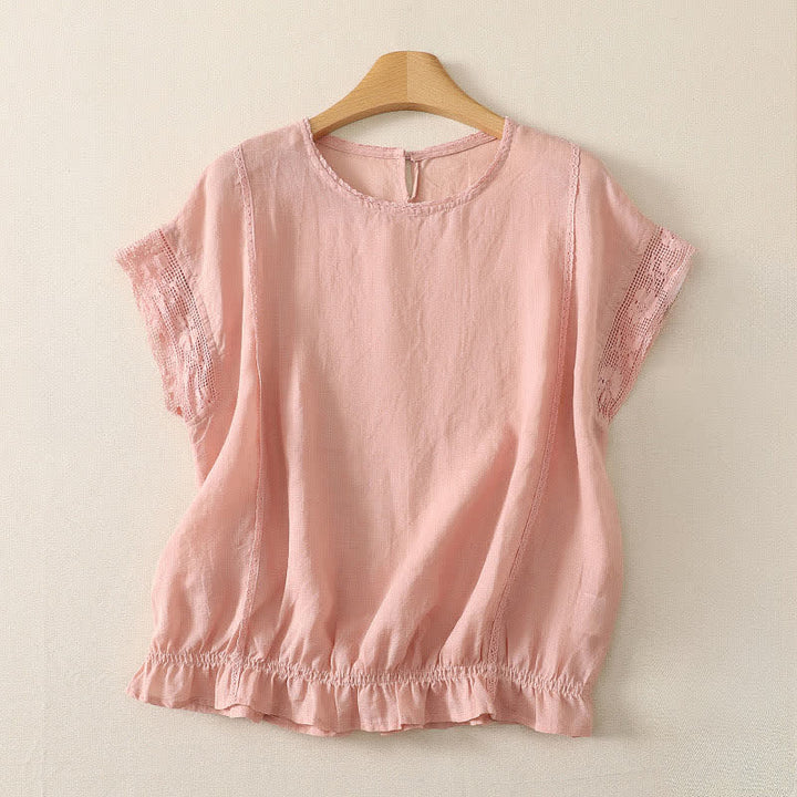 Buddha Stones T-shirts à manches courtes pour femmes, en ramie unie, style décontracté d'été, avec cordon de serrage et ourlet élastique - Rose clair - US12, UK/AU16, EU44 (3XL) - image 0