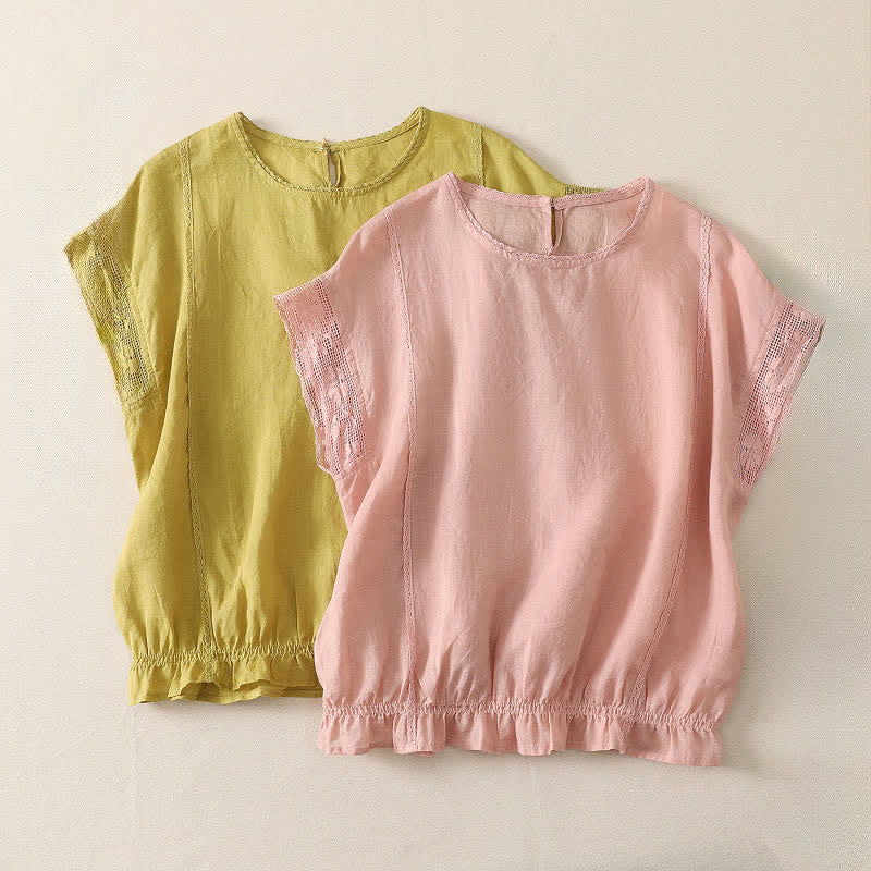 Buddha Stones T-shirts à manches courtes pour femmes, en ramie unie, style décontracté d'été, avec cordon de serrage et ourlet élastique - image 13