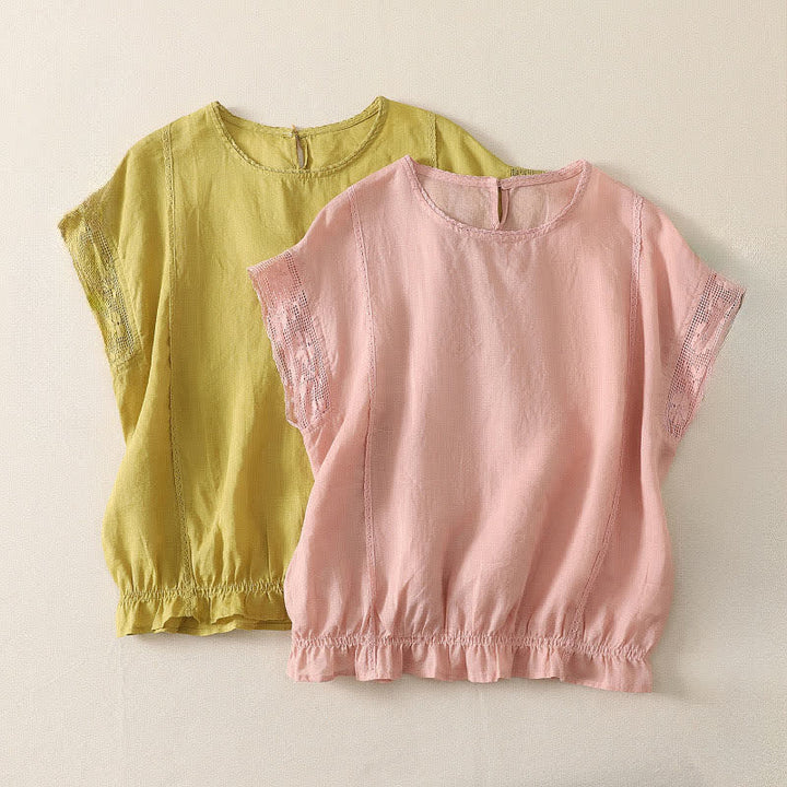 Buddha Stones T-shirts à manches courtes pour femmes, en ramie unie, style décontracté d'été, avec cordon de serrage et ourlet élastique - image 13