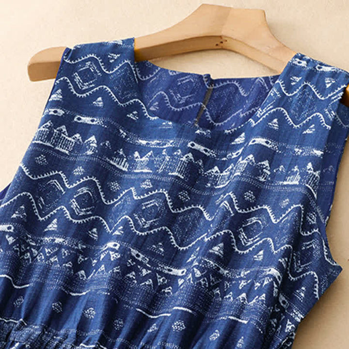 Buddha Stones Robe d'été bohème décontractée bleue à manches ondulées et formes géométriques sans manches avec poches - image 3